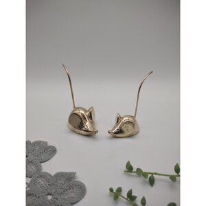 Vintage MCM Pair Brass Mice Long Spike Tail Mouse Ring Receipt Order Note Holder